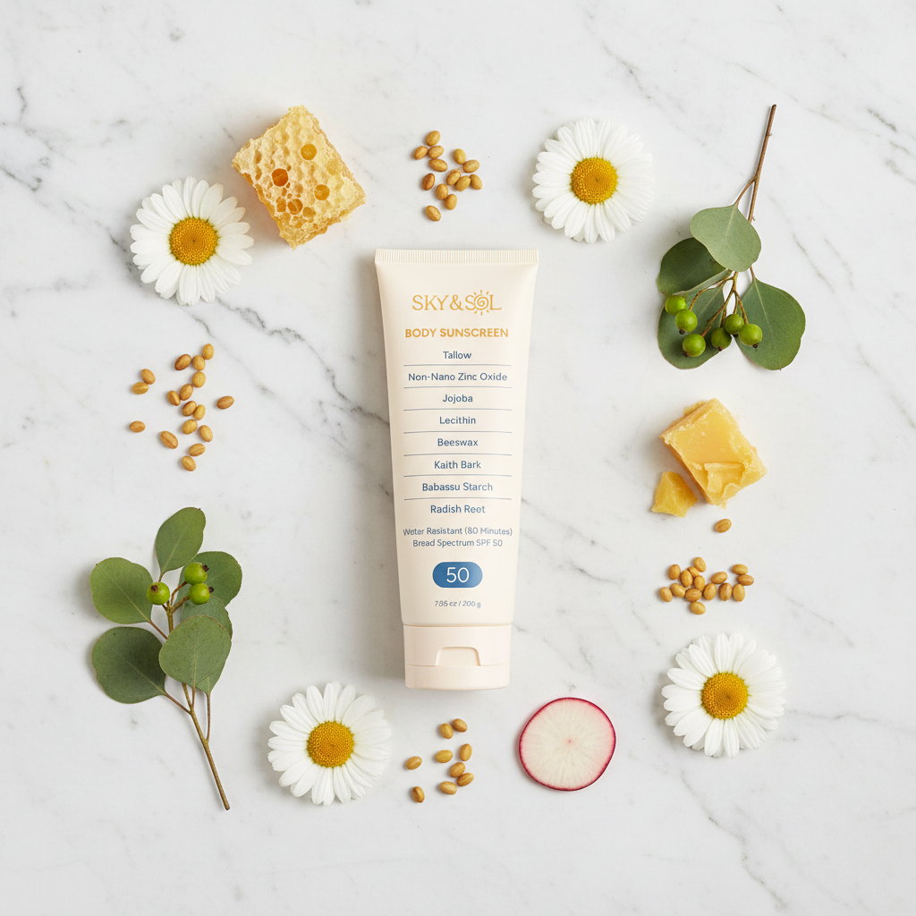 Sky & Sol Sunscreen Flat Lay - Marble