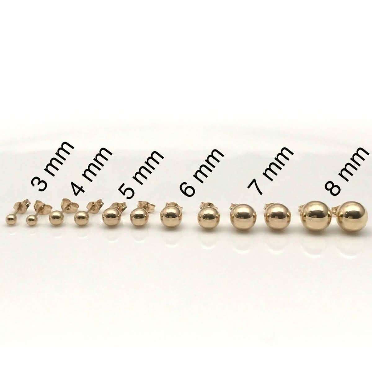 Gold ball earrings of different sizes on a white background with measurements.