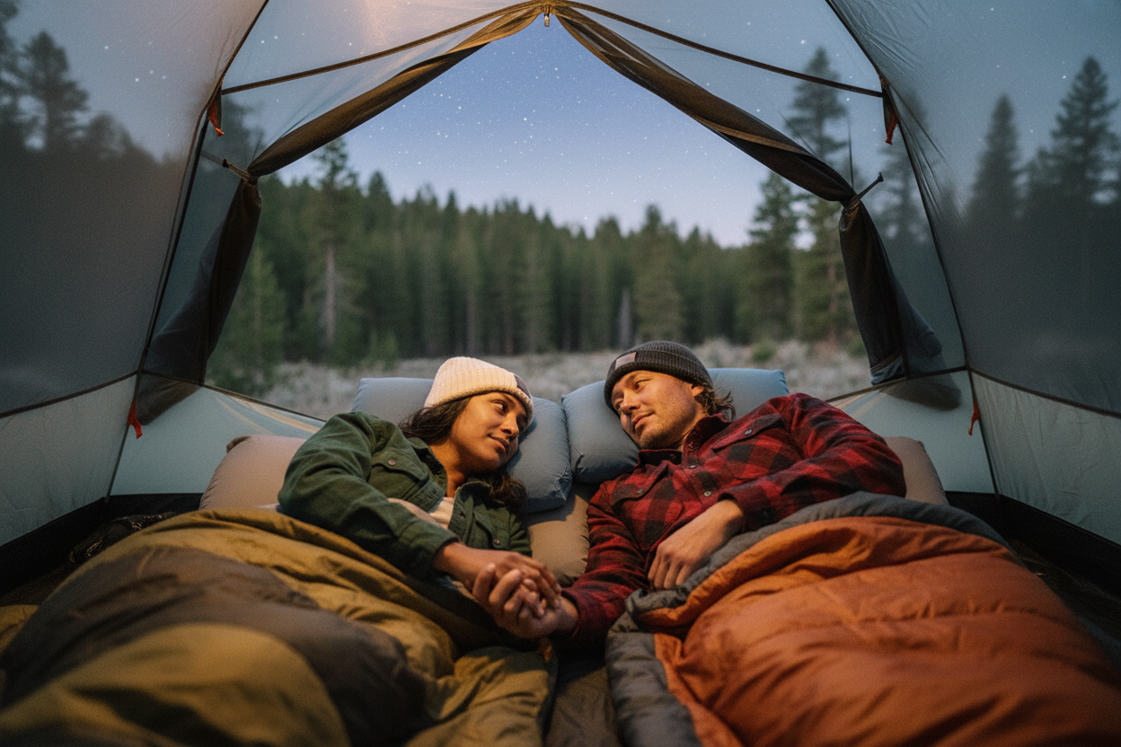 South Asian and East Asian Couple Camping with HEST Pillows
