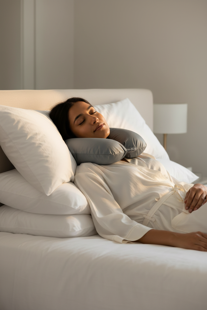 South Asian Woman Relaxing with Slate Blue Neck Pillow