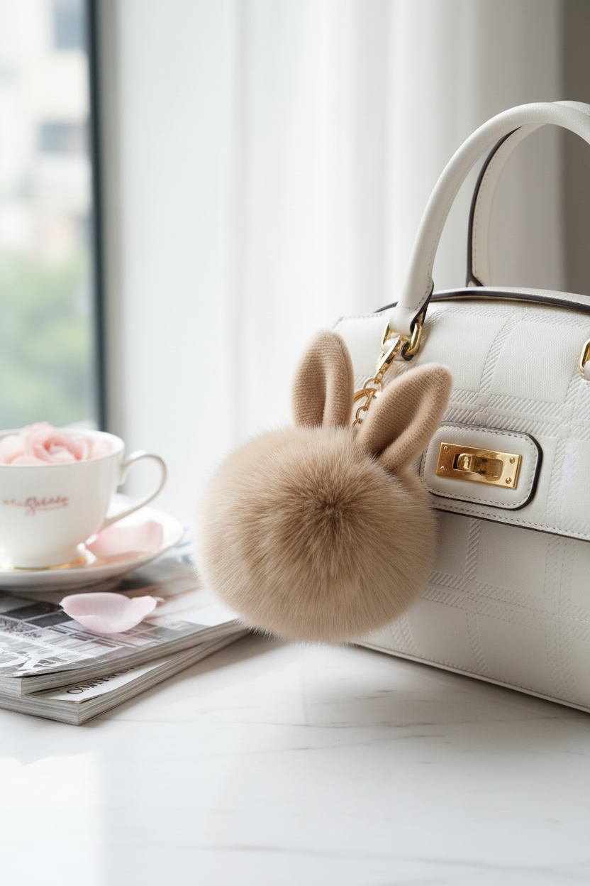 Close-up of a soft, fluffy khaki rabbit plush bag charm attached to a white handbag, showcasing the tactile sensory texture.