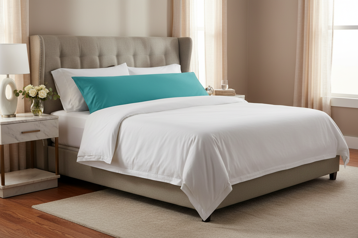 A luxuriously draped Cooling Bamboo Body Pillowcase in teal on a crisp, clean finish, showcasing the silky-smooth texture and weightless feel of premium bamboo viscose.
