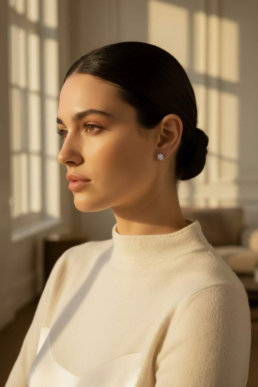 Tiny Moissanite Stud — Warm Ivory Interior