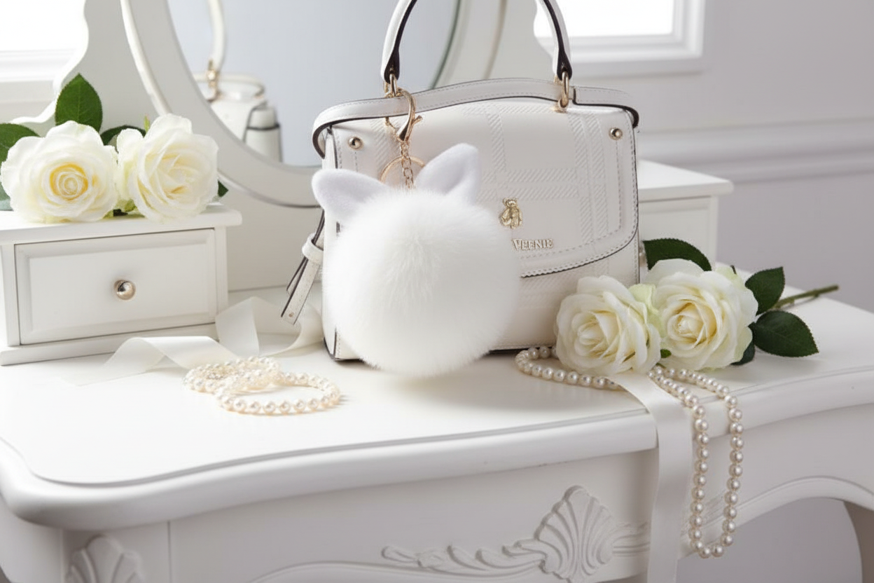 Close-up of a soft, fluffy white rabbit plush bag charm attached to a white handbag, showcasing the tactile sensory texture.