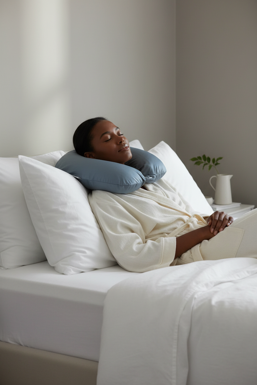 Woman Relaxing with Slate Blue Neck Pillow