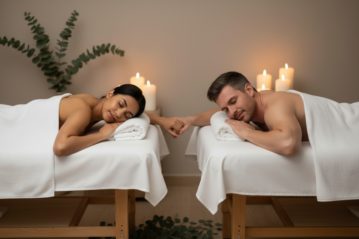 Young Couple Spa Candlelight Eucalyptus Bamboo Sheets